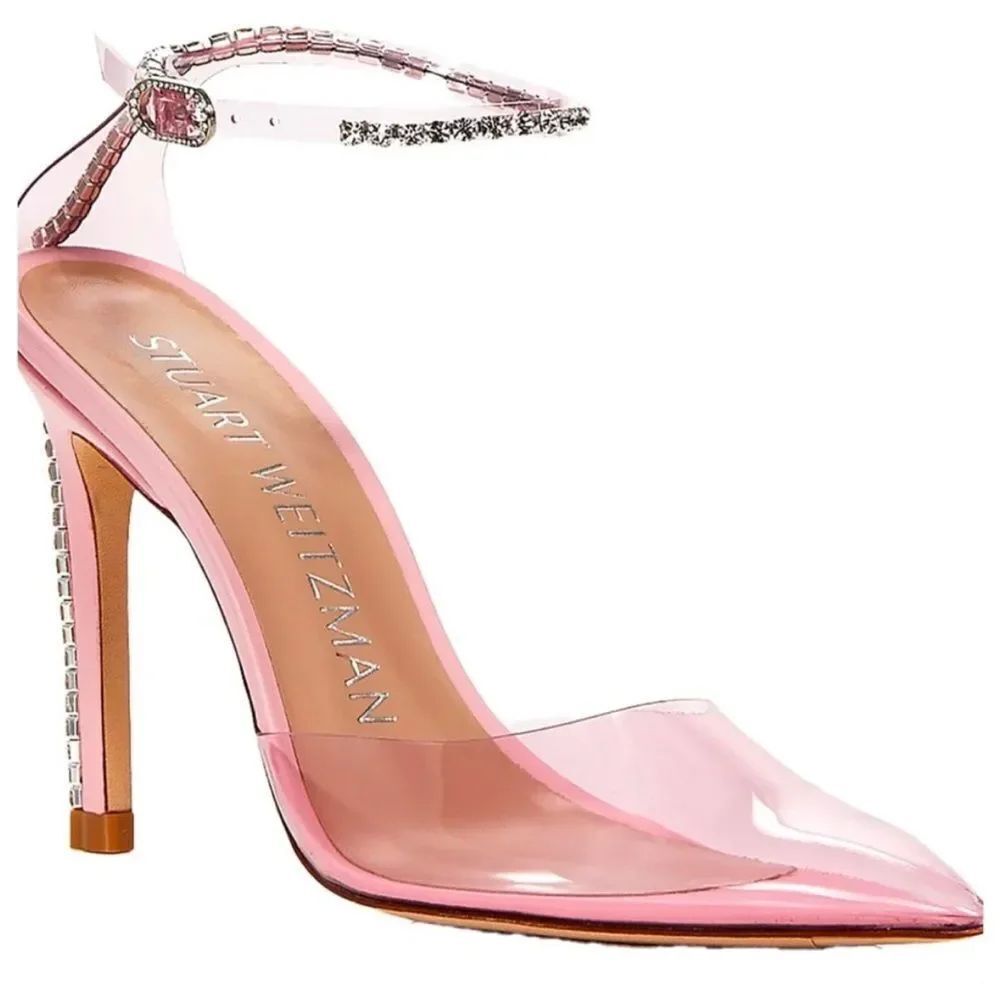 Stuart Weitzman Pink Clear Heels with Rhinestone Strap, US8,5